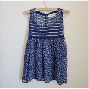 Abercrombie & Fitch L blue wht white sheer peterpan collar stripes floral back b